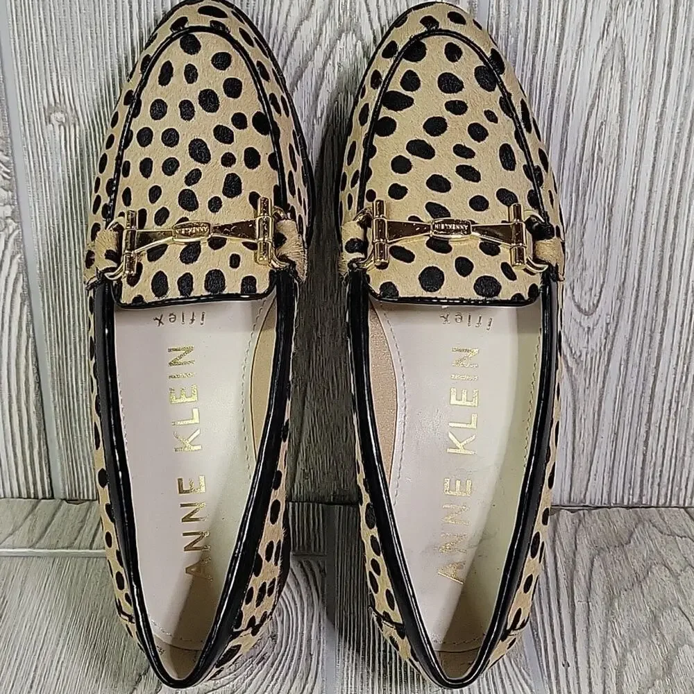 Anne Klein Lalita Cow Hair Dot Leopard Wedge Loafers Womens Size 5 NEW
